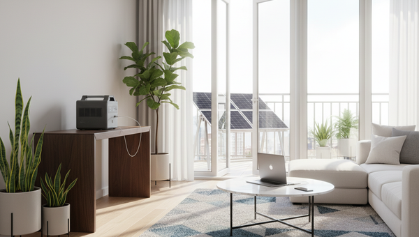 Sala de estar moderna en departamento con estación de energía portátil, paneles solares visibles en el balcón y luz natural entrando por ventanas grandes